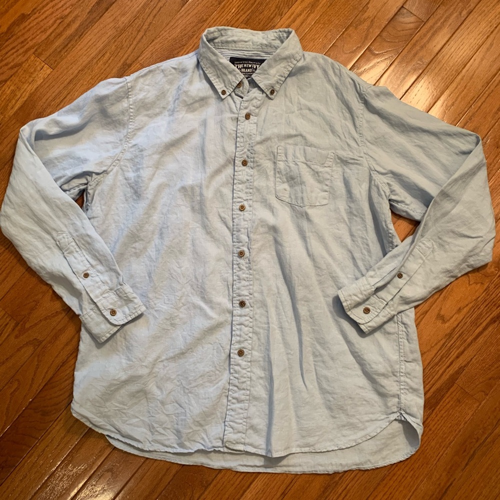The New Ivy Shirt Mens XL Brown Button Up Long Sleeve Preppy 100% Linen